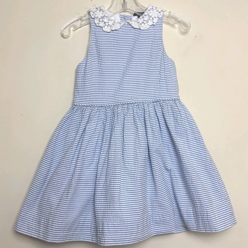 Polo Ralph Lauren Blue & White Seersucker Striped Lace Peter Pan Collar Dress 3T